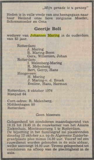 overlijdensadvertentie geertje bolt on 8 Oct 1976.